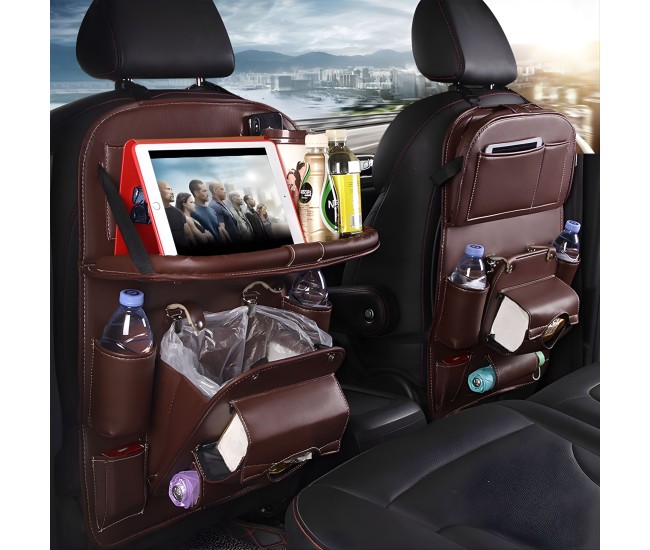Organizator Spate Scaun Auto, Flippy, Masa Pliabila, Piele Ecologica, Impermeabil, Suport pentru Tableta, Sortare Lucruri si Protejare Tapiterie, 40 x 63cm, Maro