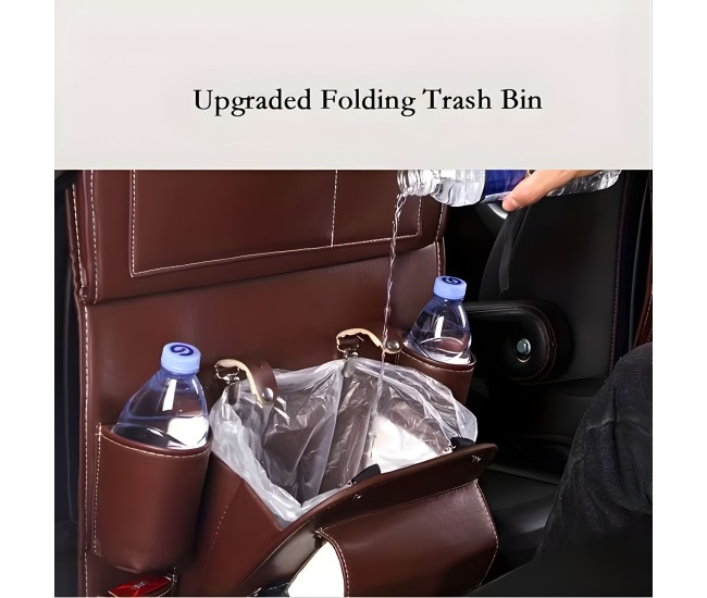 Organizator Spate Scaun Auto, Flippy, Masa Pliabila, Piele Ecologica, Impermeabil, Suport pentru Tableta, Sortare Lucruri si Protejare Tapiterie, 40 x 63cm, Maro