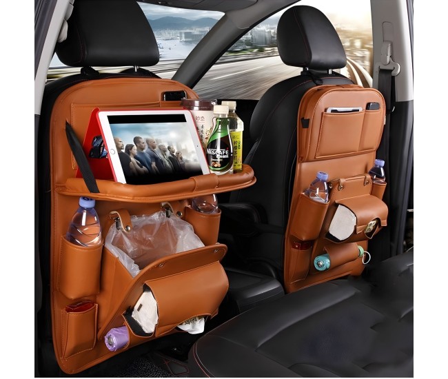 Organizator Spate Scaun Auto, Flippy, Masa Pliabila, Piele Ecologica, Impermeabil, Suport pentru Tableta, Sortare Lucruri si Protejare Tapiterie, 40 x 63cm, Orange