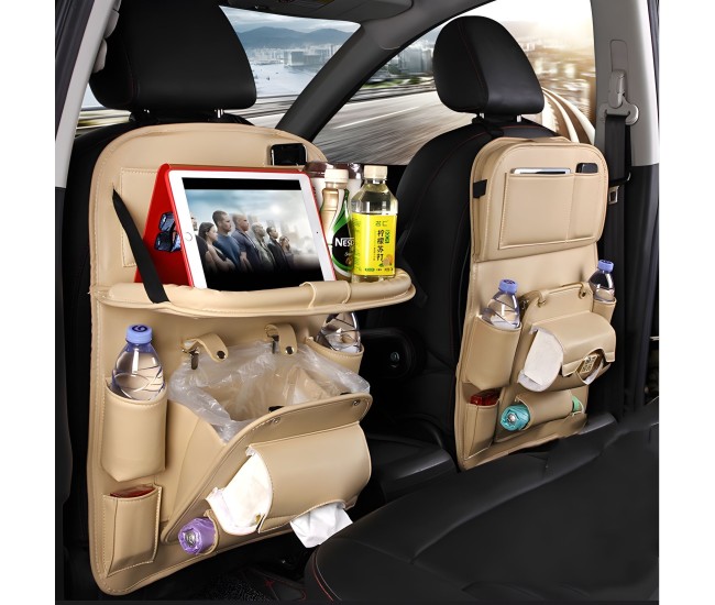 Organizator Spate Scaun Auto, Flippy, Masa Pliabila, Piele Ecologica, Impermeabil, Suport pentru Tableta, Sortare Lucruri si Protejare Tapiterie, 40 x 63cm, Bej
