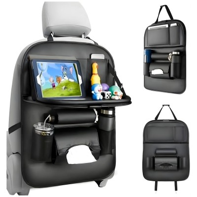 Organizator Spate Scaun Auto, Flippy, Masa Pliabila, Piele Ecologica, Impermeabil, Suport pentru Tableta, Sortare Lucruri si Protejare Tapiterie, 40 x 63cm, Negru