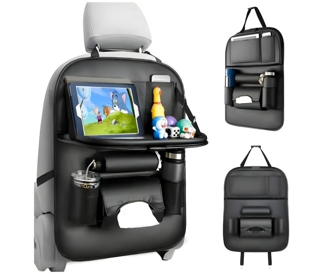 Organizator Spate Scaun Auto, Flippy, Masa Pliabila, Piele Ecologica, Impermeabil, Suport pentru Tableta, Sortare Lucruri si Protejare Tapiterie, 40 x 63cm, Negru