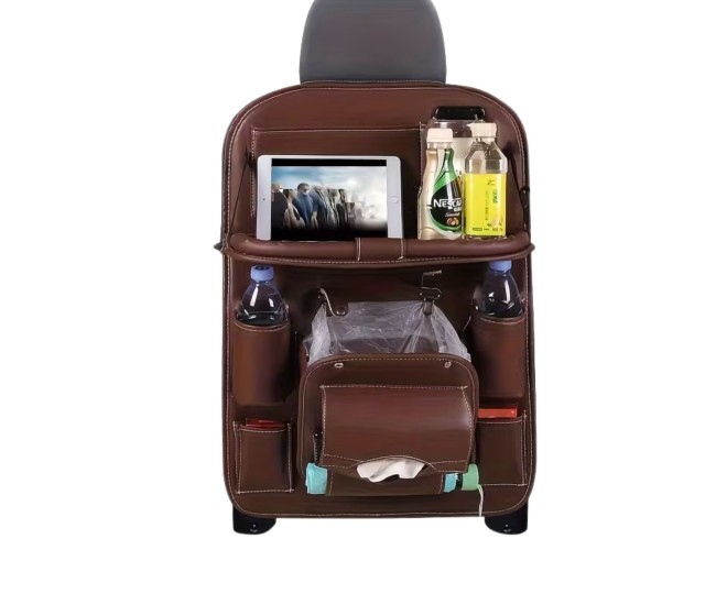 Organizator Spate Scaun Auto, Flippy, Masa Pliabila, Piele Ecologica, Impermeabil, Suport pentru Tableta, Sortare Lucruri si Protejare Tapiterie, 40 x 63cm, Maro