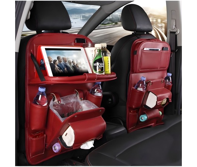 Organizator Spate Scaun Auto, Flippy, Masa Pliabila, Piele Ecologica, Impermeabil, Suport pentru Tableta, Sortare Lucruri si Protejare Tapiterie, 40 x 63cm, Bordo