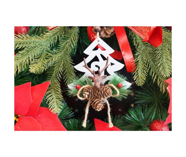 Ornament de brad cerb cu pom de craciun, Flippy, multicolor, lemn, 18 cm