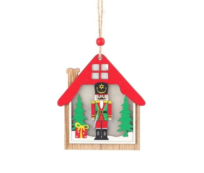 Ornament de Brad, Flippy, cu Lumini LED, din Lemn, Figurina Spargatorul de Nuci, Model Casuta, Multicolor Ornament de Brad, Flippy, cu Lumini LED, din Lemn, Figurina Spargatorul de Nuci, Model Casuta, Multicolor