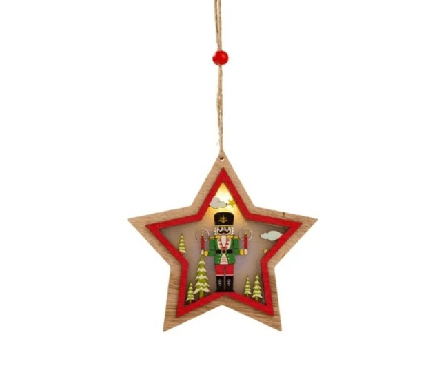 Ornament de Brad, Flippy, cu Lumini LED, din Lemn, Figurina Spargatorul de Nuci, Model Stea, Multicolor Ornament de Brad, Flippy, cu Lumini LED, din Lemn, Figurina Spargatorul de Nuci, Model Stea, Multicolor