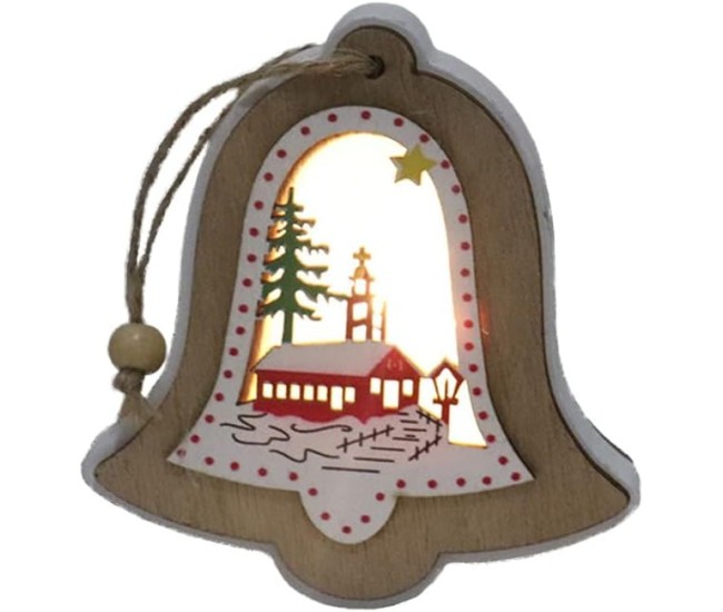 Ornament de Brad, Flippy, cu Lumini LED, din Lemn, Model Clopot, Multicolor Ornament de Brad, Flippy, cu Lumini LED, din Lemn, Model Clopot, Multicolor