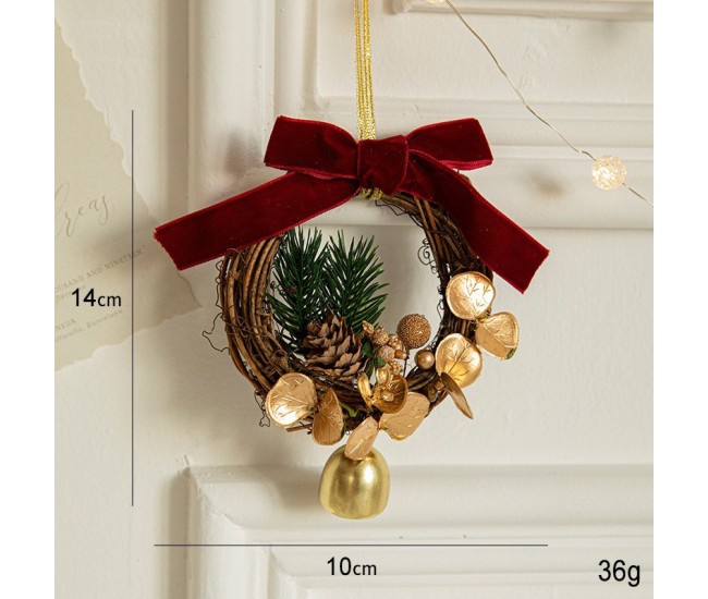 Ornament de Brad, Flippy, tip Coronita de Craciun cu 1 Clopotel cu Flori Aurii si Conuri de Brad, Panglica Rosie de Velvet, 14 x 10 cm, Rosu