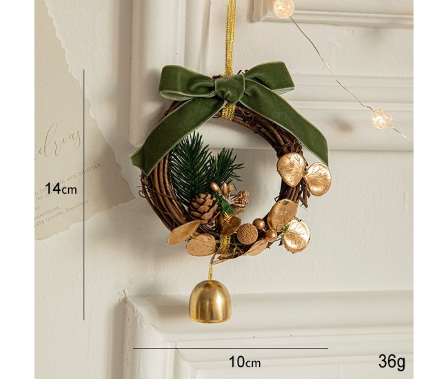 Ornament de Brad, Flippy, tip Coronita de Craciun cu 1 Clopotel cu Flori Aurii si Conuri de Brad, Panglica Verde de Velvet, 14 x 10 cm, Verde