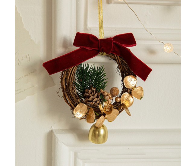Ornament de Brad, Flippy, tip Coronita de Craciun cu 1 Clopotel cu Flori Aurii si Conuri de Brad, Panglica Rosie de Velvet, 14 x 10 cm, Rosu