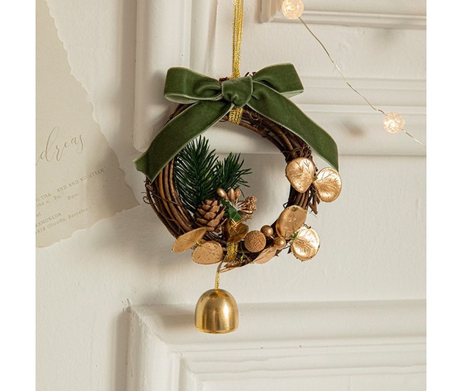 Ornament de Brad, Flippy, tip Coronita de Craciun cu 1 Clopotel cu Flori Aurii si Conuri de Brad, Panglica Verde de Velvet, 14 x 10 cm, Verde