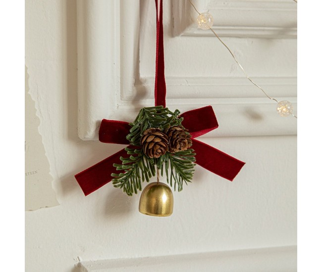 Ornament de Brad, Flippy, tip Funda de Craciun cu 1 Clopotel Auriu si Conuri de Brad, Panglica Rosie de Velvet, 10 x 10 cm, Rosu Ornament de Brad, Flippy, tip Funda de Craciun cu 1 Clopotel Auriu si Conuri de Brad, Panglica Rosie de Velvet, 10 x 10 cm, Rosu