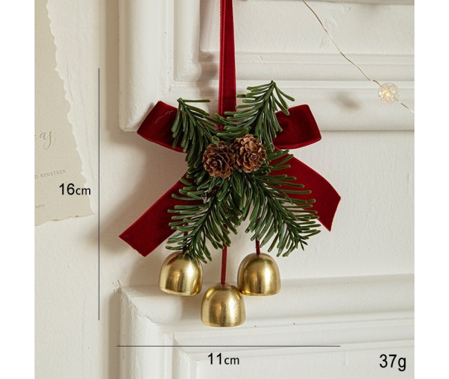 Ornament de Brad, Flippy, tip Funda de Craciun cu 3 Clopotei Aurii si Conuri de Brad, Panglica Rosie de Velvet, 16 x 11 cm, Rosu