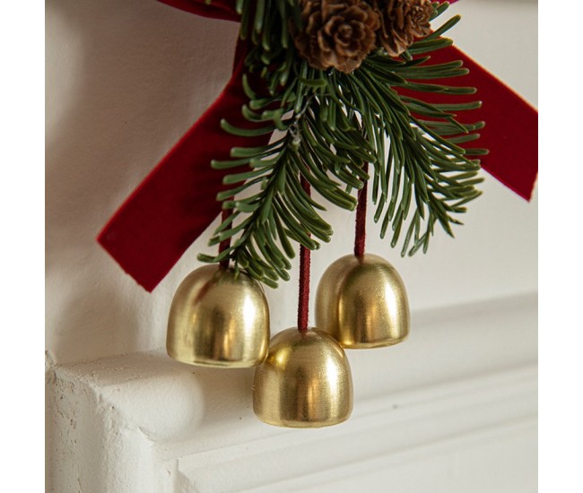 Ornament de Brad, Flippy, tip Funda de Craciun cu 3 Clopotei Aurii si Conuri de Brad, Panglica Rosie de Velvet, 16 x 11 cm, Rosu