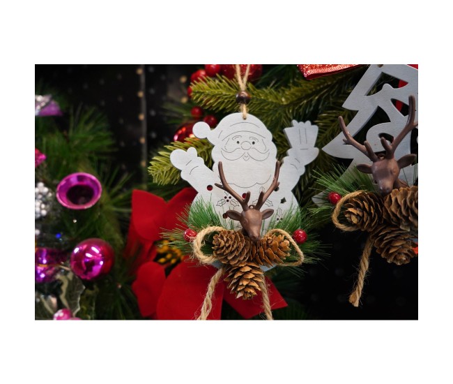 Ornament de brad Mos Craciun cu cerb, Flippy, multicolor, lemn, 18 cm