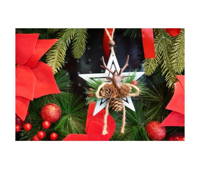 Ornament de brad stea cu cerb, Flippy, multicolor, lemn, 15 cm