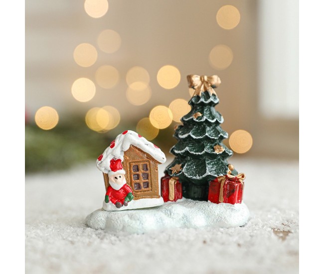 Ornament de Craciun din Rasina pentru Decor, Flippy, Model Casuta cu Brad, Decoratiune de Birou pentru Craciun, 6.5 x 6.5 x 4 cm, Rosu Verde