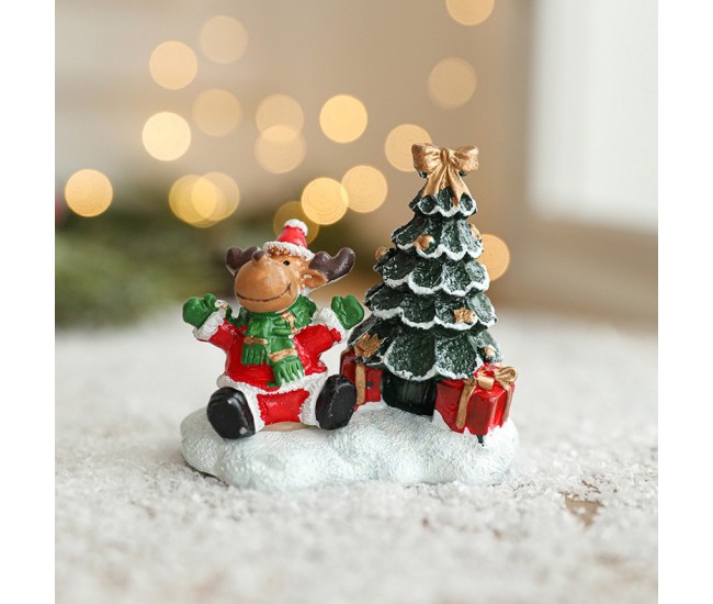 Ornament de Craciun din Rasina pentru Decor, Flippy, Model Ren cu Brad, Decoratiune de Birou pentru Craciun, 6.5 x 6.5 x 4 cm, Rosu Verde