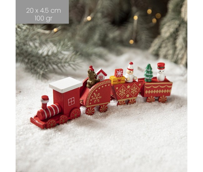 Ornament Decoratiune de Craciun Tren Pictat, Flippy, Tip Ornament Jucarie de Decor pentru Craciun, din Lemn 20 cm, Tren Figurina de Craciun, Rosu