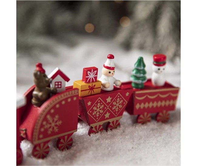 Ornament Decoratiune de Craciun Tren Pictat, Flippy, Tip Ornament Jucarie de Decor pentru Craciun, din Lemn 20 cm, Tren Figurina de Craciun, Rosu