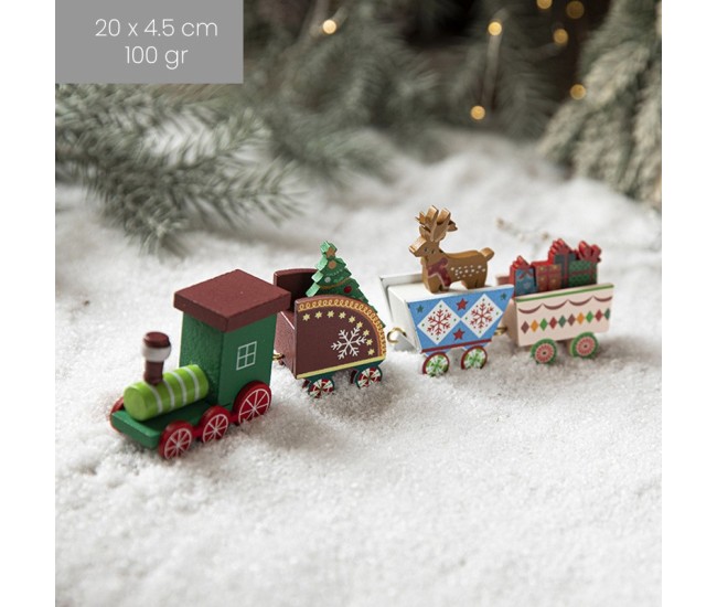 Ornament Decoratiune de Craciun Tren Pictat, Flippy, Tip Ornament Jucarie de Decor pentru Craciun, din Lemn 20 cm, Tren Figurina de Craciun, Multicolor