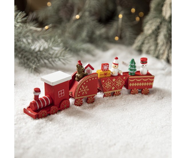 Ornament Decoratiune de Craciun Tren Pictat, Flippy, Tip Ornament Jucarie de Decor pentru Craciun, din Lemn 20 cm, Tren Figurina de Craciun, Rosu