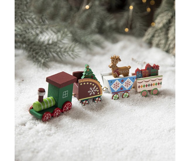 Ornament Decoratiune de Craciun Tren Pictat, Flippy, Tip Ornament Jucarie de Decor pentru Craciun, din Lemn 20 cm, Tren Figurina de Craciun, Multicolor