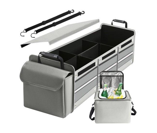 Organizator Auto pentru Portbagaj, Flippy, Model Pliabil, din Panza, cu Geanta Termoizolanta Detasabila, 3 Compartimente, Curele Ajustabile, 90 x 35 x 30 cm, Gri