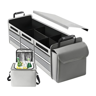 Organizator Auto pentru Portbagaj, Flippy, Model Pliabil, din Panza, cu Geanta Termoizolanta Detasabila, 3 Compartimente, Curele Ajustabile, 90 x 35 x 30 cm, Gri