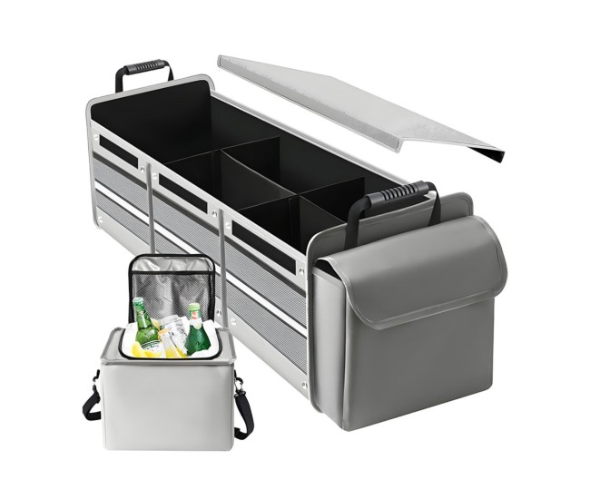 Organizator Auto pentru Portbagaj, Flippy, Model Pliabil, din Panza, cu Geanta Termoizolanta Detasabila, 3 Compartimente, Curele Ajustabile, 90 x 35 x 30 cm, Gri