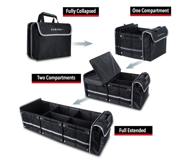Organizator Auto pentru Portbagaj, Flippy, Model Pliabil, din Panza, cu Geanta Termoizolanta Detasabila, 3 Compartimente, Curele Ajustabile, 90 x 35 x 30 cm, Negru