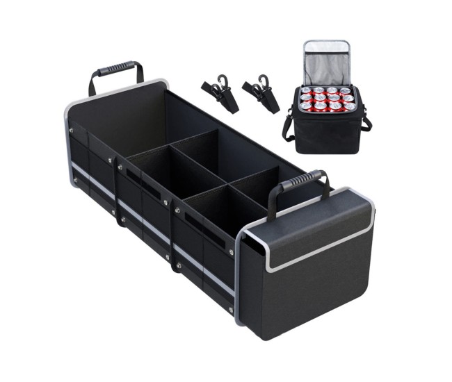 Organizator Auto pentru Portbagaj, Flippy, Model Pliabil, din Panza, cu Geanta Termoizolanta Detasabila, 3 Compartimente, Curele Ajustabile, 90 x 35 x 30 cm, Negru