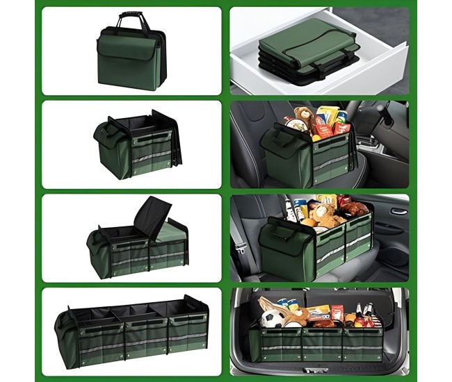 Organizator Auto pentru Portbagaj, Flippy, Model Pliabil, din Panza, cu Geanta Termoizolanta Detasabila, 3 Compartimente, Curele Ajustabile, 90 x 35 x 30 cm, Verde