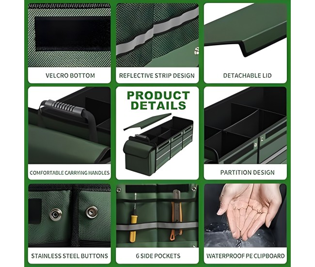Organizator Auto pentru Portbagaj, Flippy, Model Pliabil, din Panza, cu Geanta Termoizolanta Detasabila, 3 Compartimente, Curele Ajustabile, 90 x 35 x 30 cm, Verde