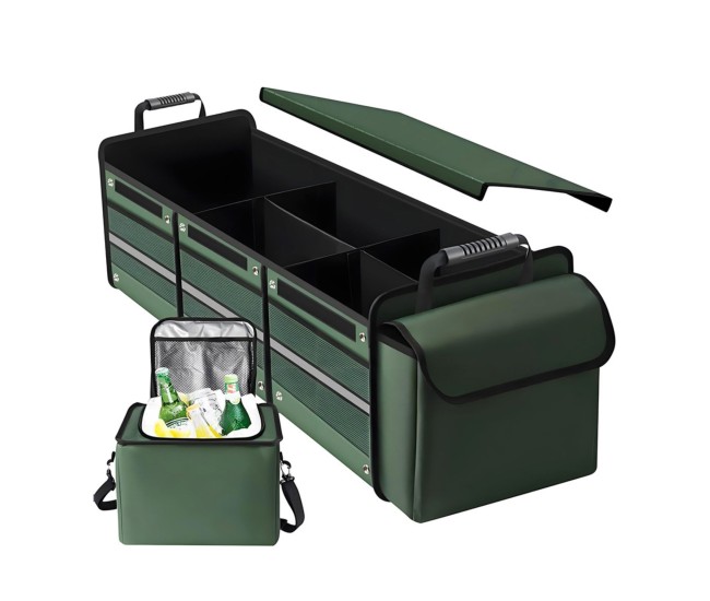 Organizator Auto pentru Portbagaj, Flippy, Model Pliabil, din Panza, cu Geanta Termoizolanta Detasabila, 3 Compartimente, Curele Ajustabile, 90 x 35 x 30 cm, Verde