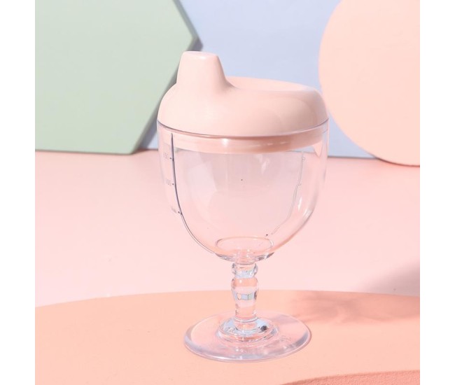 Pahar din Plastic Transparent cu Picior, Flippy, pentru Copii, 14 x 7.7 cm, cu Cioc Antiscurgere, + 3 Ani, Fara Maner, Roz