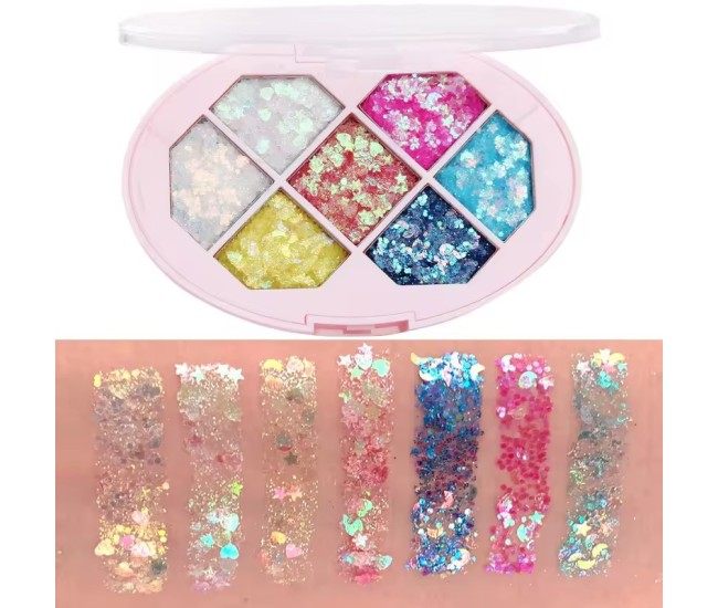 Paleta cu Glitter, Flippy, Varianta 1, 7 Nuante, Pentru Corp si Par, 50 g, Rezistent la Apa, 9.8 x 6.8 cm, Multicolor Paleta cu Glitter, Flippy, Varianta 1, 7 Nuante, Pentru Corp si Par, 50 g, Rezistent la Apa, 9.8 x 6.8 cm, Multicolor