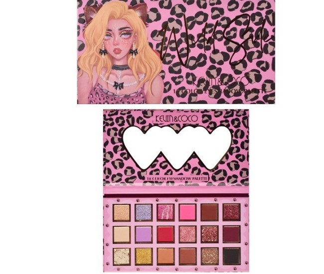 Paleta de farduri Kevin&Coco, 18 nuante, imprimeu leopard-print roz, oglinda interioara, dreptunghiulara, 19 x 10 cm, 180 g, multicolor