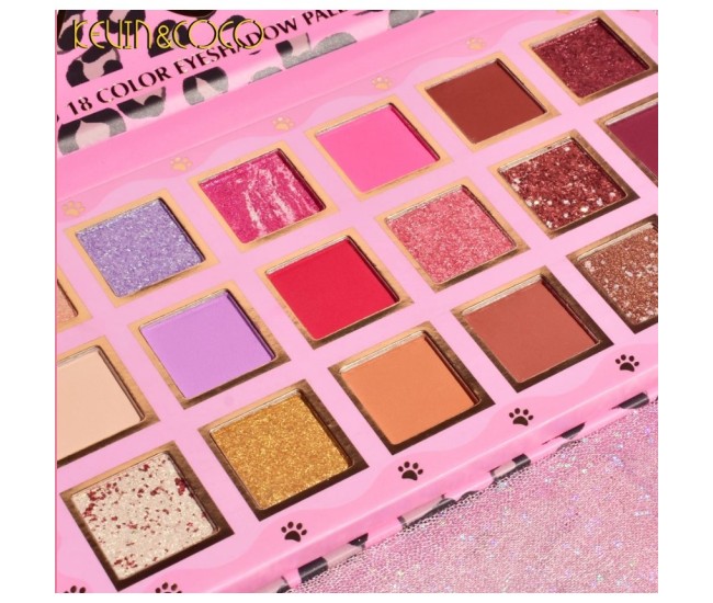 Paleta de farduri Kevin&Coco, 18 nuante, imprimeu leopard-print roz, oglinda interioara, dreptunghiulara, 19 x 10 cm, 180 g, multicolor