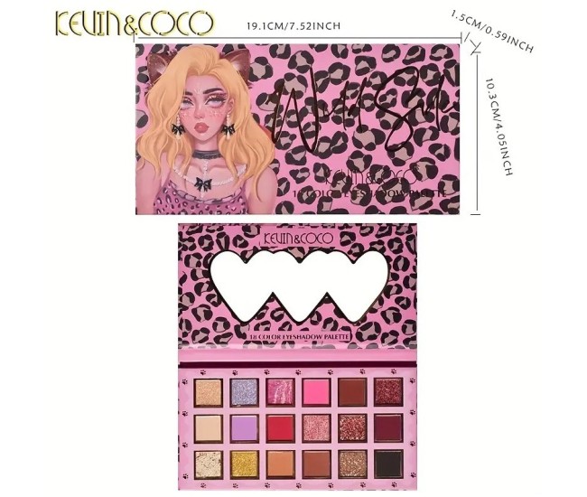 Paleta de farduri Kevin&Coco, 18 nuante, imprimeu leopard-print roz, oglinda interioara, dreptunghiulara, 19 x 10 cm, 180 g, multicolor