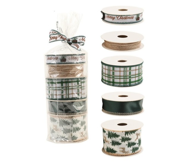 Panglica Decorativa cu Tematica de Craciun, Flippy, Set din 4 bucat + 1 Rulon Ata Maro, Panglica pentru Cadou de Craciun Brad si Decor, 2 M per bucata, Model Brad, Alb Verde Panglica Decorativa cu Tematica de Craciun, Flippy, Set din 4 bucat + 1 Rulon Ata Maro, Panglica pentru Cadou de Craciun Brad si Decor, 2 M per bucata, Model Brad, Alb Verde