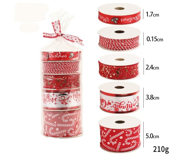 Panglica Decorativa cu Tematica de Craciun, Flippy, Set din 4 bucat + 1 Rulon Ata Rosie Alba, Panglica pentru Cadou de Craciun Brad si Decor, 2 M per bucata, Model Acadele, Rosu Panglica Decorativa cu Tematica de Craciun, Flippy, Set din 4 bucat + 1 Rulon Ata Rosie Alba, Panglica pentru Cadou de Craciun Brad si Decor, 2 M per bucata, Model Acadele, Rosu