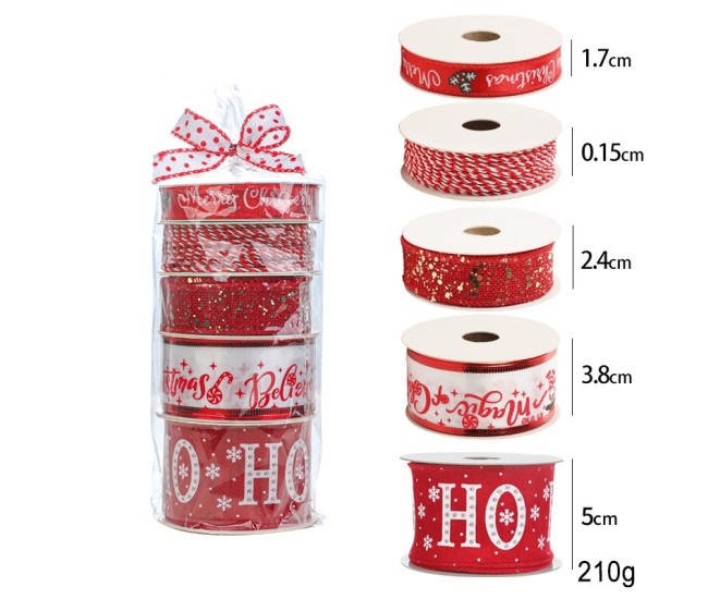 Panglica Decorativa cu Tematica de Craciun, Flippy, Set din 4 bucat + 1 Rulon Ata Rosie Alba, Panglica pentru Cadou de Craciun Brad si Decor, 2 M per bucata, Model HO HO HO, Rosu