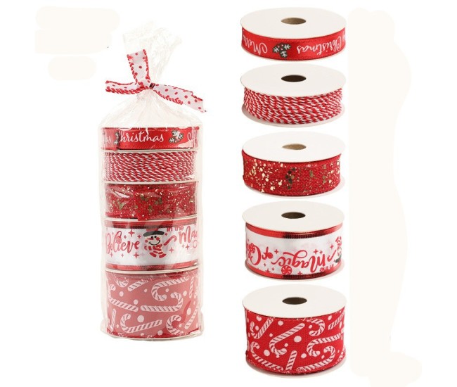 Panglica Decorativa cu Tematica de Craciun, Flippy, Set din 4 bucat + 1 Rulon Ata Rosie Alba, Panglica pentru Cadou de Craciun Brad si Decor, 2 M per bucata, Model Acadele, Rosu Panglica Decorativa cu Tematica de Craciun, Flippy, Set din 4 bucat + 1 Rulon Ata Rosie Alba, Panglica pentru Cadou de Craciun Brad si Decor, 2 M per bucata, Model Acadele, Rosu