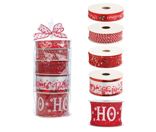 Panglica Decorativa cu Tematica de Craciun, Flippy, Set din 4 bucat + 1 Rulon Ata Rosie Alba, Panglica pentru Cadou de Craciun Brad si Decor, 2 M per bucata, Model HO HO HO, Rosu