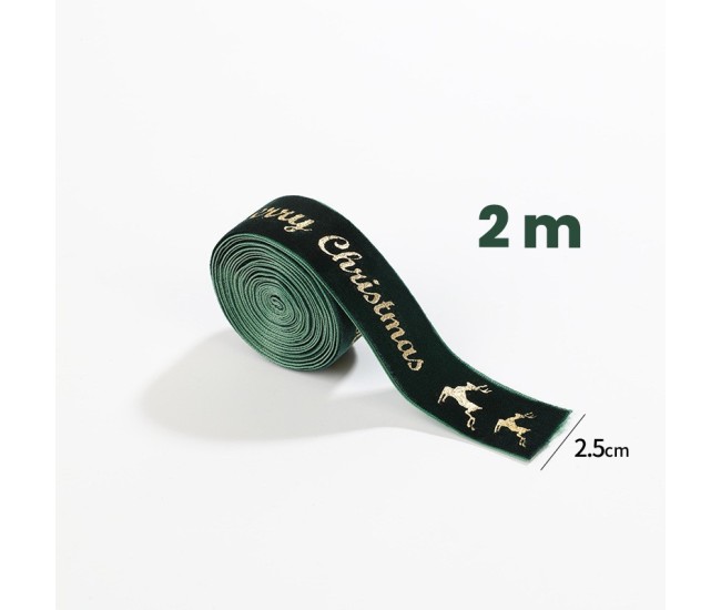 Panglica Decorativa de Craciun, Flippy, Panglica din Panza cu aspec de Catifea, Funda Ornament, Model Merry Christmas si Cerbi Aurii, Decor pentru Brad de Craciun, 200 x 2.5 cm, Verde Panglica Decorativa de Craciun, Flippy, Panglica din Panza cu aspec de Catifea, Funda Ornament, Model Merry Christmas si Cerbi Aurii, Decor pentru Brad de Craciun, 200 x 2.5 cm, Verde