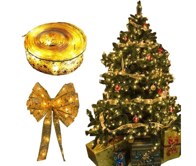 Panglică LED de Crăciun Flippy Aurie, lungime 1 m , 10 LED-uri, Baterii, Alb cald