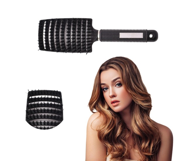 Perie de Par Curbata Ventilata, Flippy, Peri de Mistret + Nylon, Maner Antiderapant, Efect Masaj, Wet & Dry, 24.5 x 6.5 cm, Negru