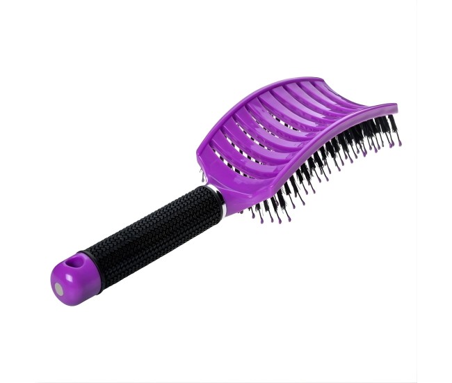 Perie de Par Curbata Ventilata, Flippy, Peri de Mistret + Nylon, Maner Antiderapant, Efect Masaj, Wet & Dry, 24.5 x 6.5 cm, Violet